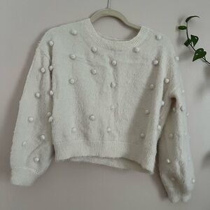 Fluffy White Crew Neck Sweater with Textured Pom-Poms